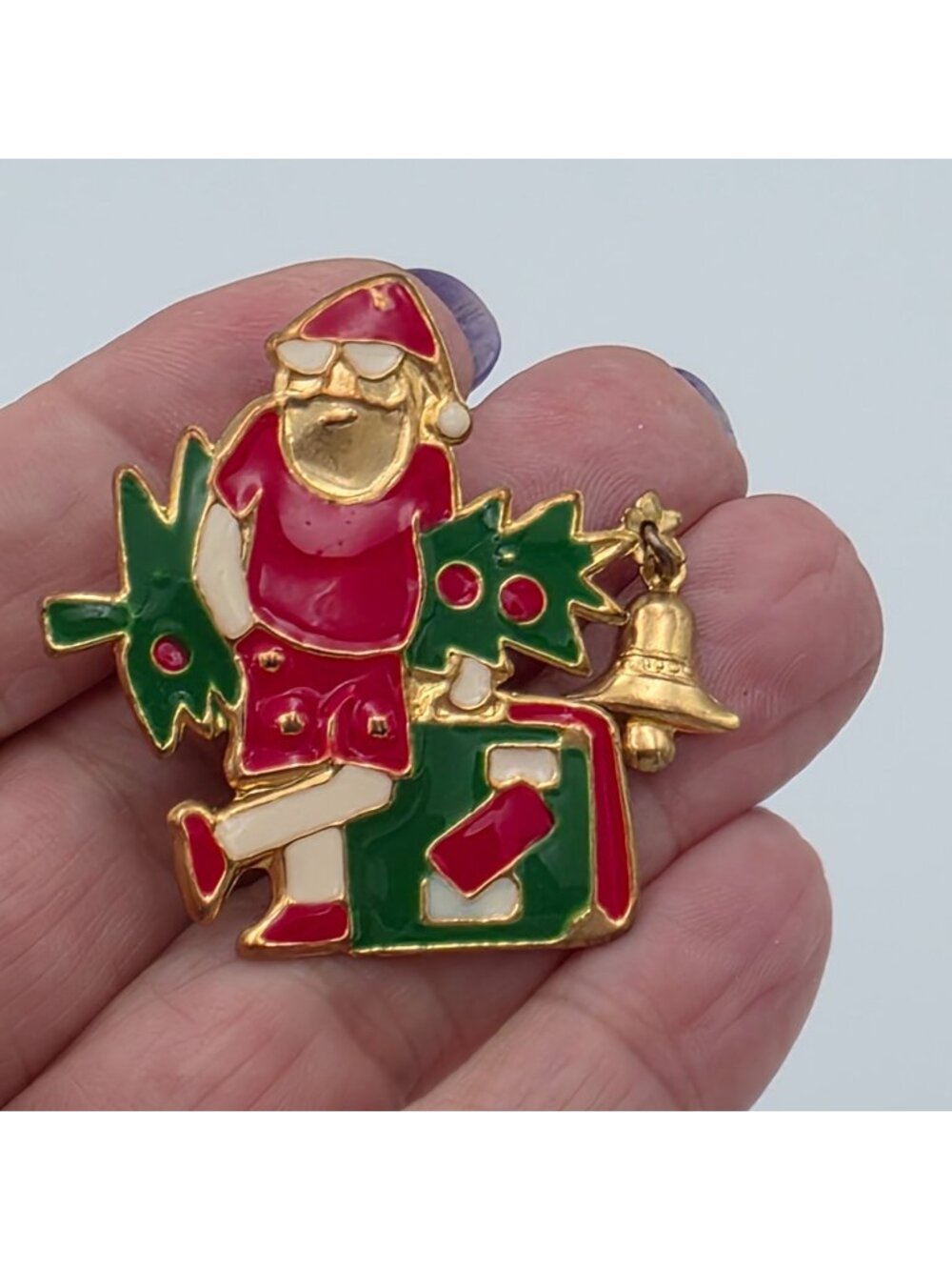 Santa Claus Christmas Pin Brooch Dangling Gold Bell Red Green Enamel Vintage
